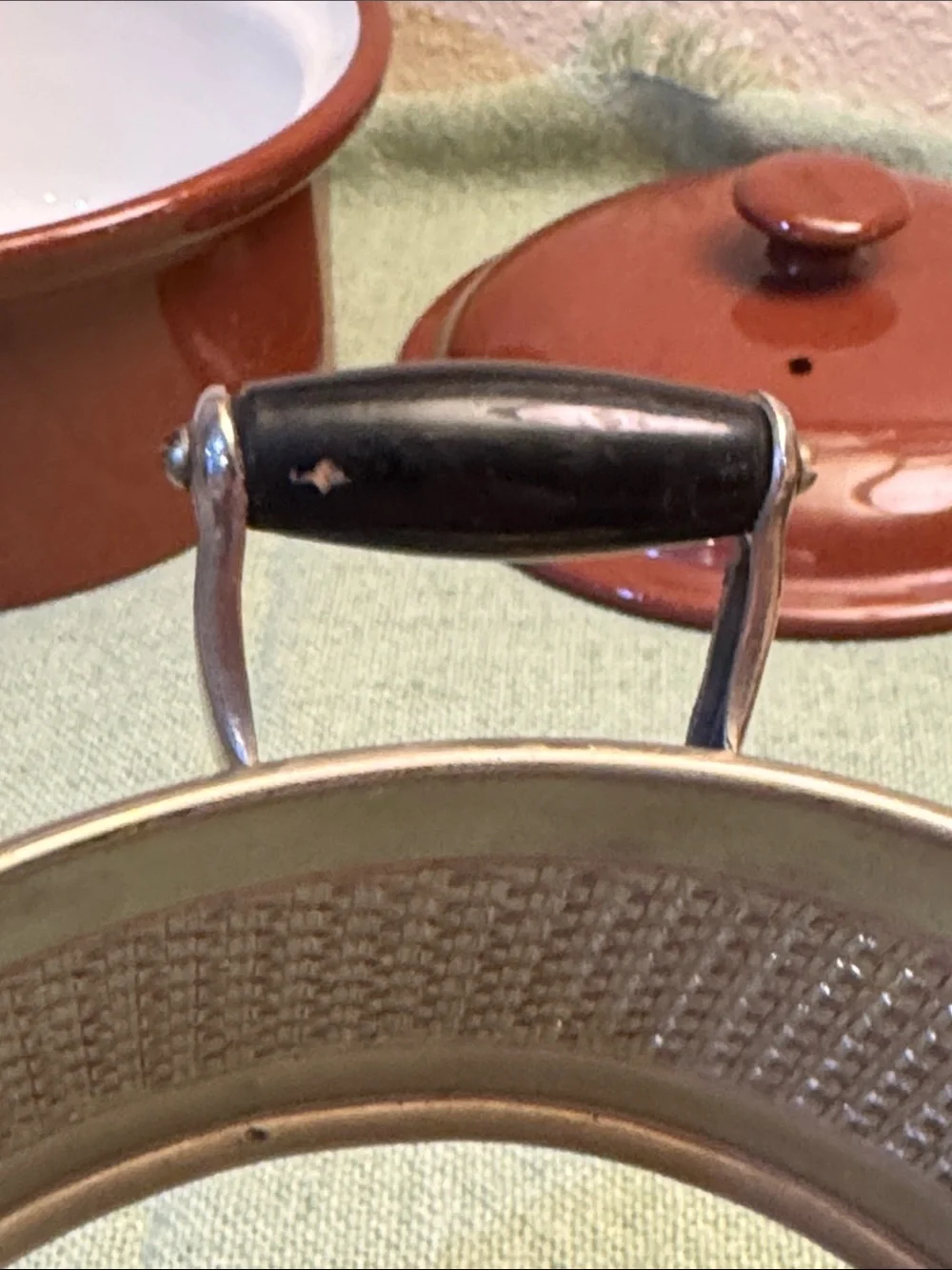 Classic Vintage Casserole Ceramic Crock with lid and Silver-tone Metal Base